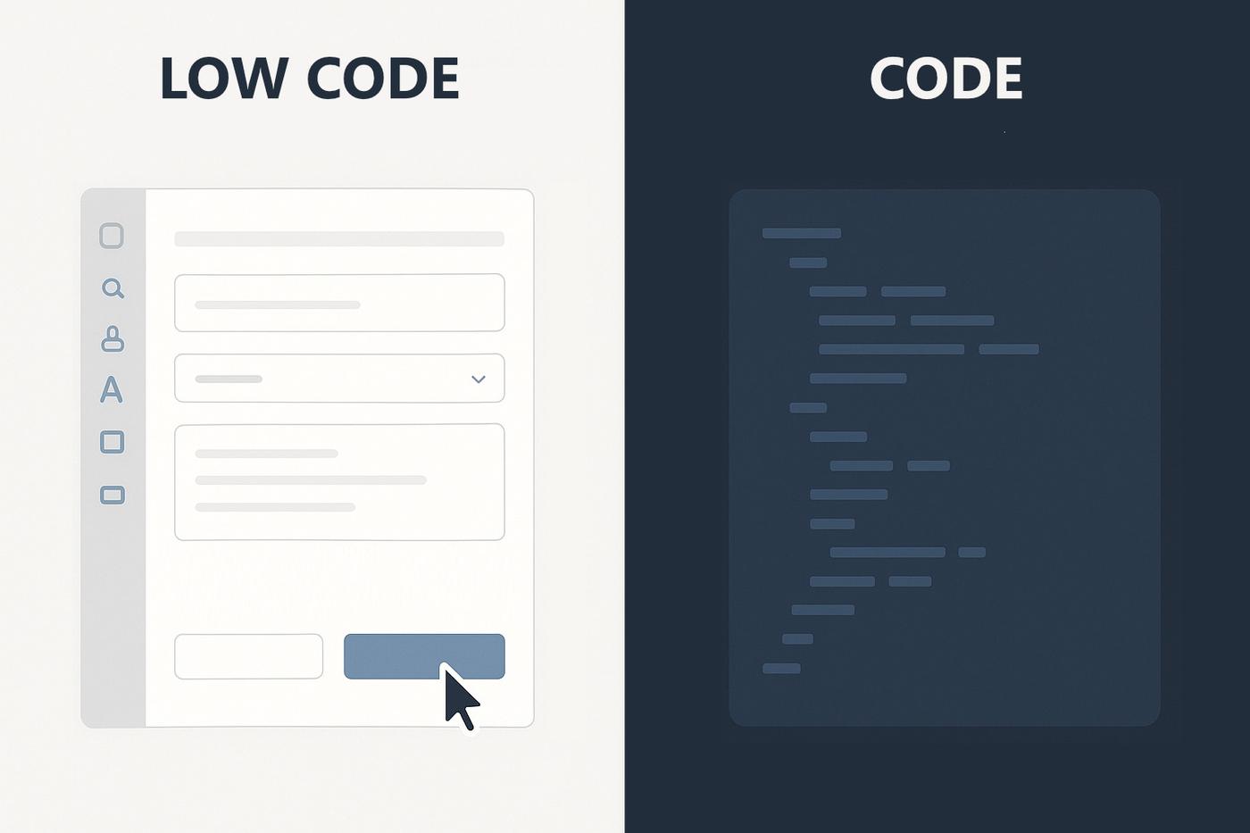 Split-Screen-Grafik: Links eine Low-Code-Oberfläche mit Formularfeldern, Buttons, Dropdowns und Drag-and-Drop-Cursor; rechts ein angedeuteter Code-Editor ohne lesbare Buchstaben. Überschriften "Low-Code" und "Code" markieren die beiden Bereiche.