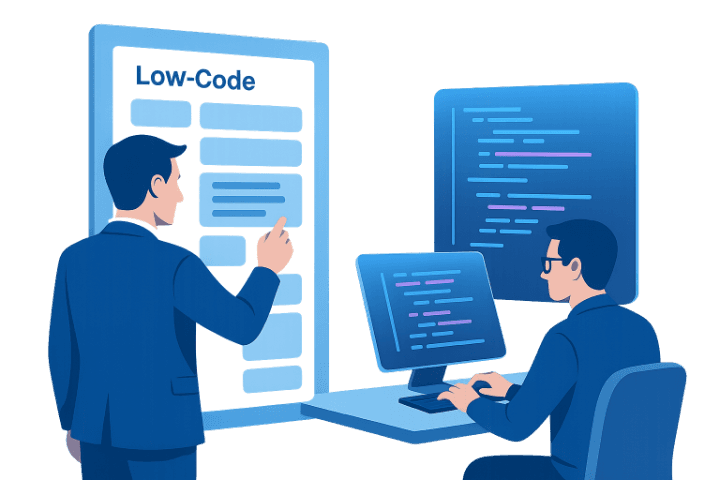 Zwei Personen arbeiten gemeinsam in einem modernen, technologischen Workspace: Links bedient eine Business-Person einen großen Low-Code-Touchscreen mit UI-Bausteinen, rechts sitzt ein Entwickler an einem holografischen Code-Editor.