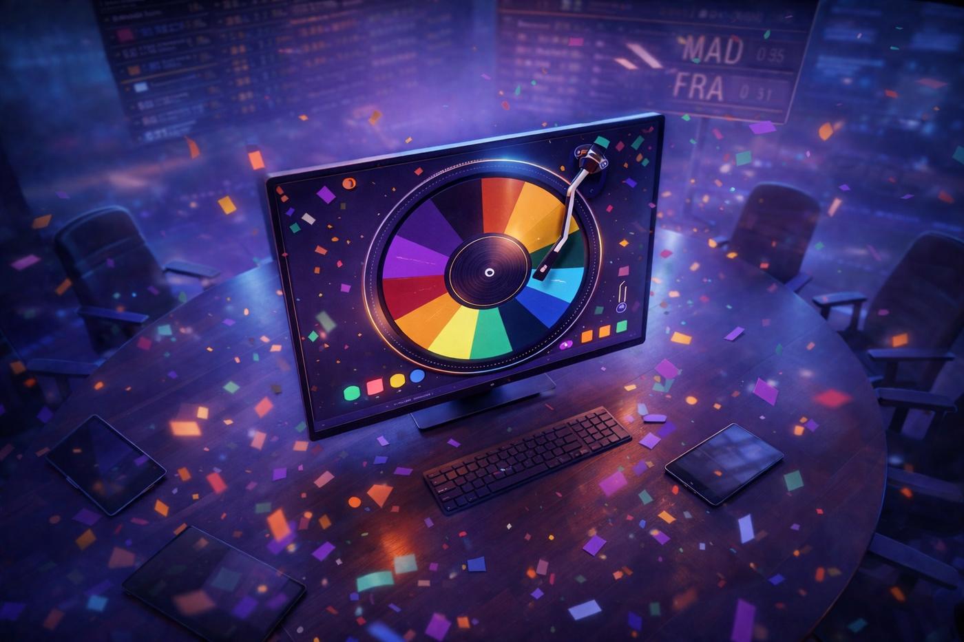 3D-Illustration eines modernen Konferenzraums in kühlem blau-violettem Licht: Auf einem runden Tisch steht ein großer Monitor, der ein bunt segmentiertes Glücksrad in Vinyl-Optik ohne Beschriftung zeigt. Konfetti-Partikel schweben in der Luft. Im Hintergrund sind unscharfe Anzeigetafeln und ein Berliner U-Bahn-Schild zu erkennen, was eine spielerische, futuristische Atmosphäre vermittelt.