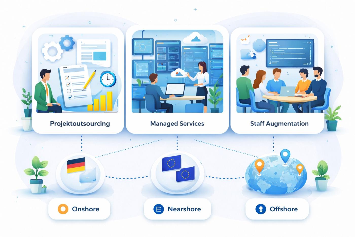 Illustration mit drei nebeneinander angeordneten Szenen zu Outsourcing-Modellen in der Softwareentwicklung: links Projektoutsourcing mit Checkliste, Zahnrädern und ansteigendem Diagramm, in der Mitte Managed Services mit Entwicklerteam vor mehreren Monitoren und Cloud-Symbol, rechts Staff Augmentation mit gemeinsam arbeitendem Team am Konferenztisch; darunter symbolische Darstellung von Onshore (Deutschland-Flagge), Nearshore (EU-Flaggen) und Offshore (Weltkugel mit Standort-Markierungen) in einer modernen, blau geprägten Farbwelt.