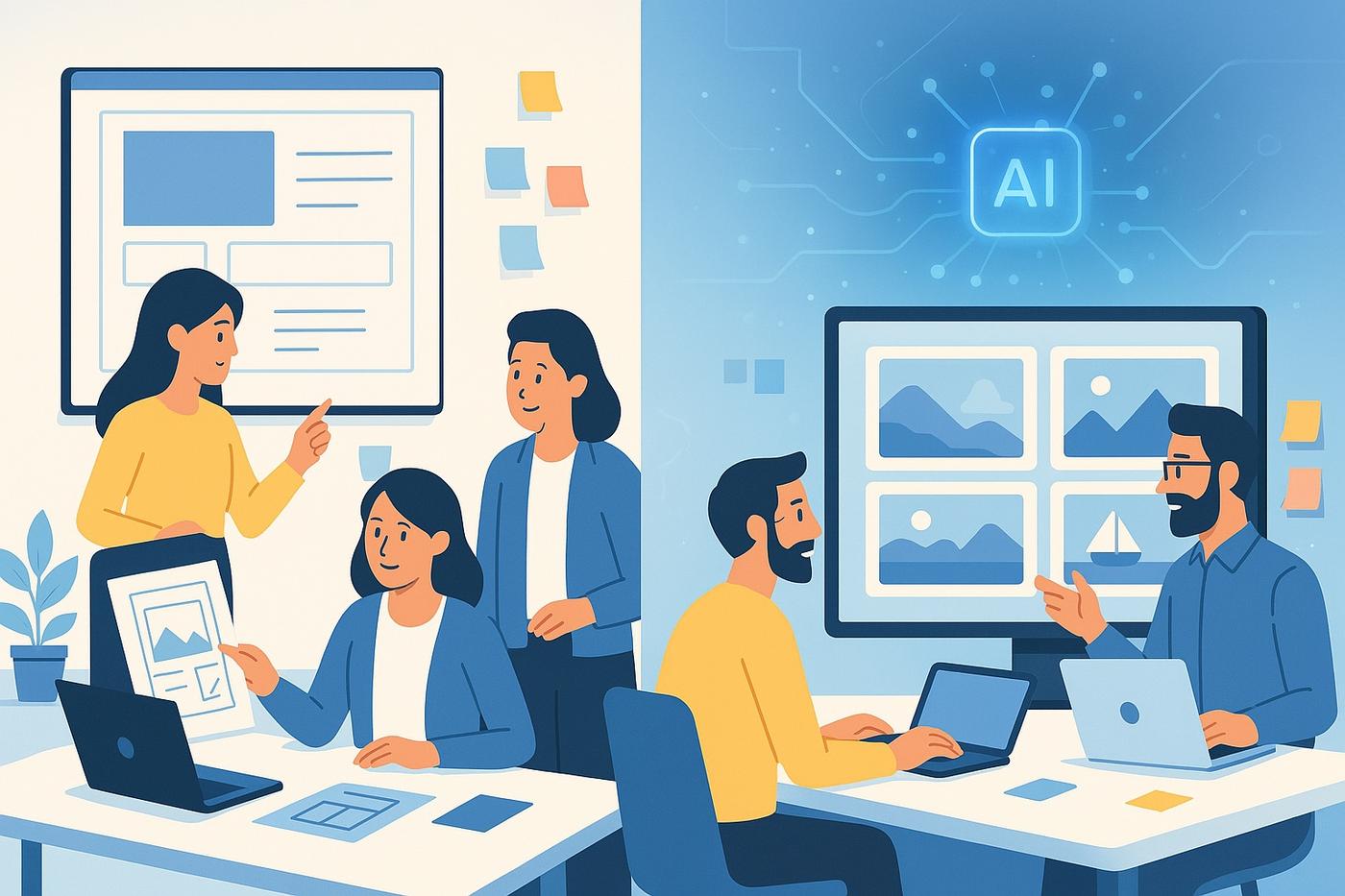KI generiere llustration im Flat-Design-Stil - Ein Entwicklerteam überarbeitet eine Website mithilfe von KI-Bildgenerierung. Links klassische Entwürfe und Skizzen rechts ein Bildschirm mit KI-generierten Bildern.