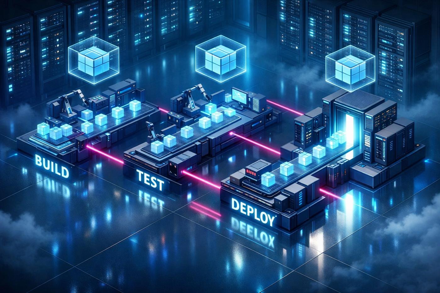 Isometrische 3D-Darstellung einer futuristischen CI/CD-Pipeline in einer Serverhalle: leuchtende Datenwürfel bewegen sich über mehrere automatisierte Plattformen mit den Schritten Build, Test und Deployment, während magentafarbene Lichtlinien die Stationen verbinden; umgeben von hohen Serverracks, kühlen Blau- und Türkistönen, reflektierendem Boden und leichter Nebelbeleuchtung, die eine moderne High-Tech-Infrastruktur symbolisieren.
