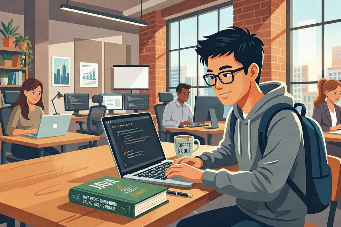 Illustration eines modernen Co-Working-Spaces mit mehreren Personen, die an Laptops arbeiten. Im Vordergrund sitzt ein junger Mann mit Brille und Hoodie an einem Schreibtisch, vor sich ein Laptop mit Java-Code, ein Buch mit dem Titel ‚Java Programmierung: Grundlagen & Praxis‘ und eine Tasse mit der Aufschrift ‚Coffee & Code‘. Im Hintergrund sind weitere Personen an Schreibtischen, große Fenster mit Stadtblick, Pflanzen und Diagramme an der Wand zu sehen.