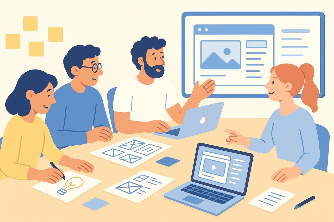 Stilisierte Illustration eines modernen, hellen Kreativ-Workspaces. Vier freundlich abstrahierte Personen arbeiten zusammen an einem Tisch mit Skizzen, Post-its und Laptops. Von links nach rechts sind Ideen, Wireframes und ein Software-Interface auf einem großen Whiteboard zu sehen. Die Szene vermittelt Kreativität, Teamwork und die Entwicklung individueller Software im Flat-Design-Stil mit Blau-, Gelb- und Pastelltönen.