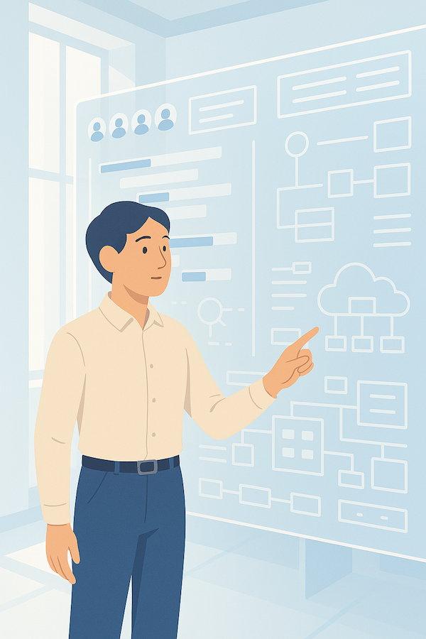 Infografik im flachen Illustrationsstil zum Thema Automatisierungspotenziale der Digitalisierung - Sieben Bereiche werden durch Icons und kurze Beschreibungen visualisiert: Vorausgefüllte Datenfelder, Plausibilitätsprüfungen, Dokumentengenerierung, Spracherkennung oder Scanning, Automatische Erinnerungen & Eskalationen, Systemintegrationen