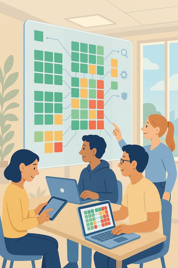 Infografik im flachen Illustrationsstil zum Thema Automatisierungspotenziale der Digitalisierung - Sieben Bereiche werden durch Icons und kurze Beschreibungen visualisiert: Vorausgefüllte Datenfelder, Plausibilitätsprüfungen, Dokumentengenerierung, Spracherkennung oder Scanning, Automatische Erinnerungen & Eskalationen, Systemintegrationen