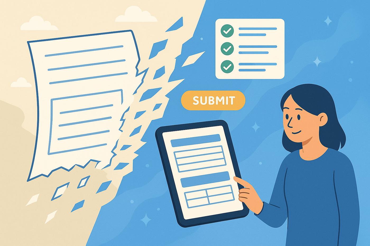 KI generiere llustration im Flat-Design-Stil - Illustration eines digitalen Transformationsprozesses: Links ein zerfallendes Papierformular mit Textfeldern und Tabellen, rechts ein modernes Tablet mit einem digitalen Formular, ergänzt durch Checklisten und einen Submit-Button. Eine Person interagiert mit dem digitalen Formular. Der Hintergrund wechselt von beige zu blau und symbolisiert den Übergang von analog zu digital.