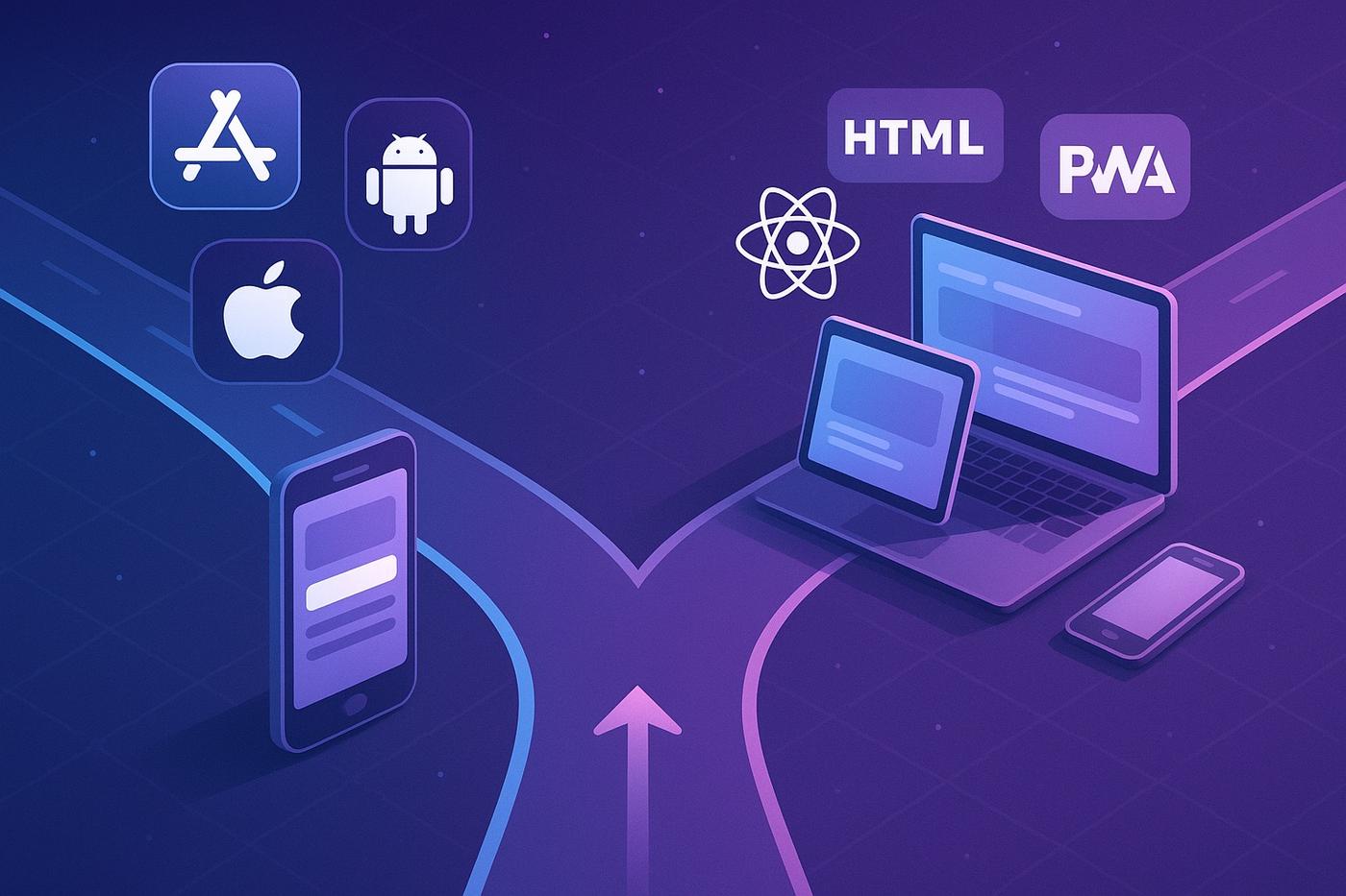 Illustration eines geteilten digitalen Weges: Links führen App-Symbole für Apple, Android und App Store zu einem Smartphone – sinnbildlich für native Apps. Rechts führen Symbole für HTML, PWA und das React-Logo zu Laptop, Tablet und Smartphone – repräsentativ für Web- und Cross-Platform-Anwendungen. Der Hintergrund ist violett-blau mit einem futuristischen, technischen Stil.