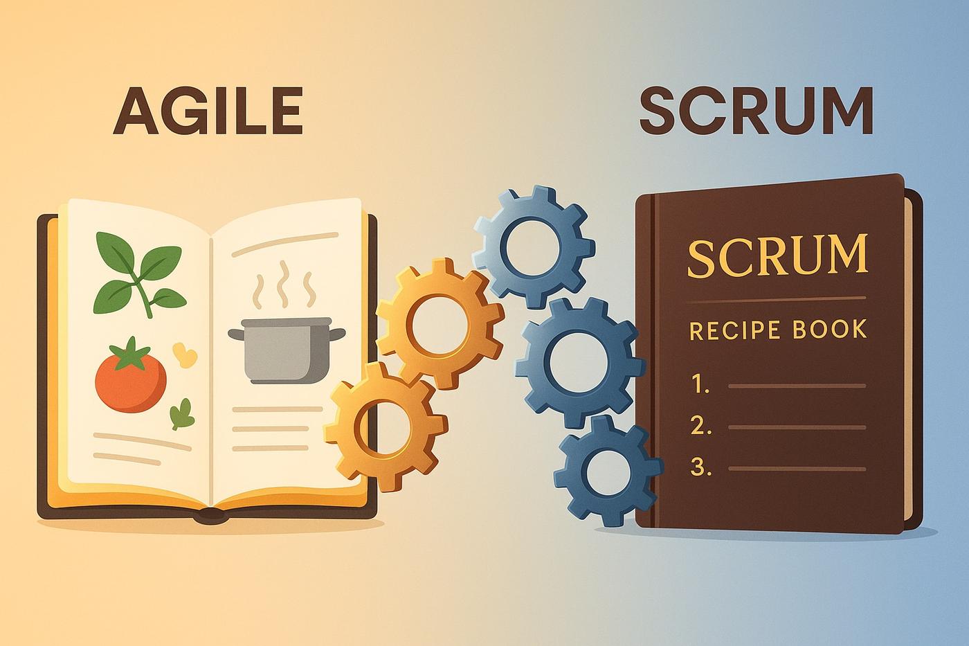 Illustration, die Agile als allgemeines Kochbuch und Scrum als spezifisches Rezeptbuch darstellt, verbunden durch Zahnräder als Symbol für Prozesse.
