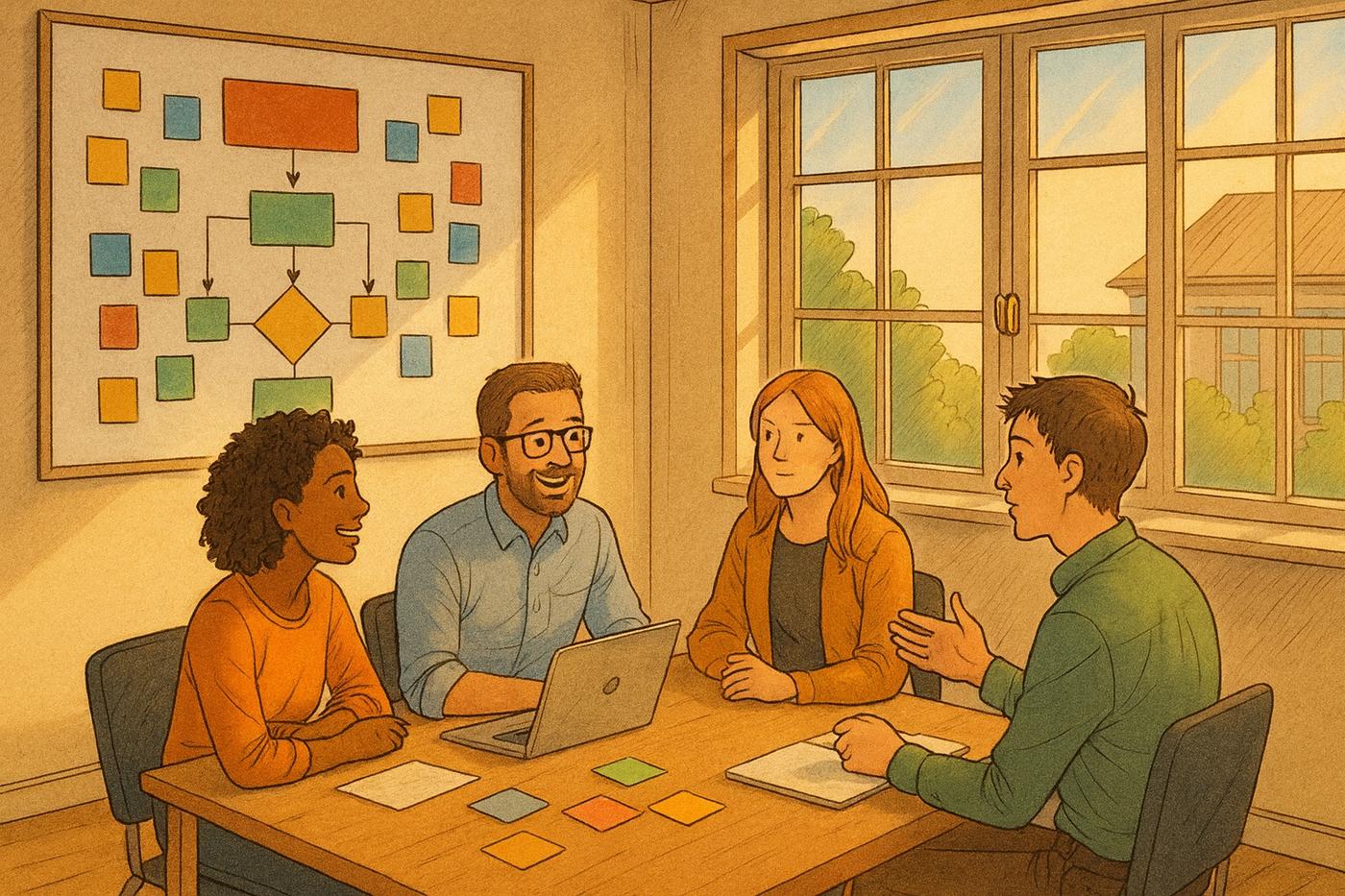 Illustration eines sonnendurchfluteten Besprechungsraums, in dem vier Personen unterschiedlichen Geschlechts und Hauttyps um einen Holztisch sitzen. Sie unterhalten sich freundlich, vor ihnen liegen bunte Haftnotizen, ein Laptop und ein Notizbuch. An der Wand hängt ein großes Flussdiagramm mit farbigen Karten, durch das Fenster fällt warmes Tageslicht und zeigt Bäume und ein Haus im Hintergrund.