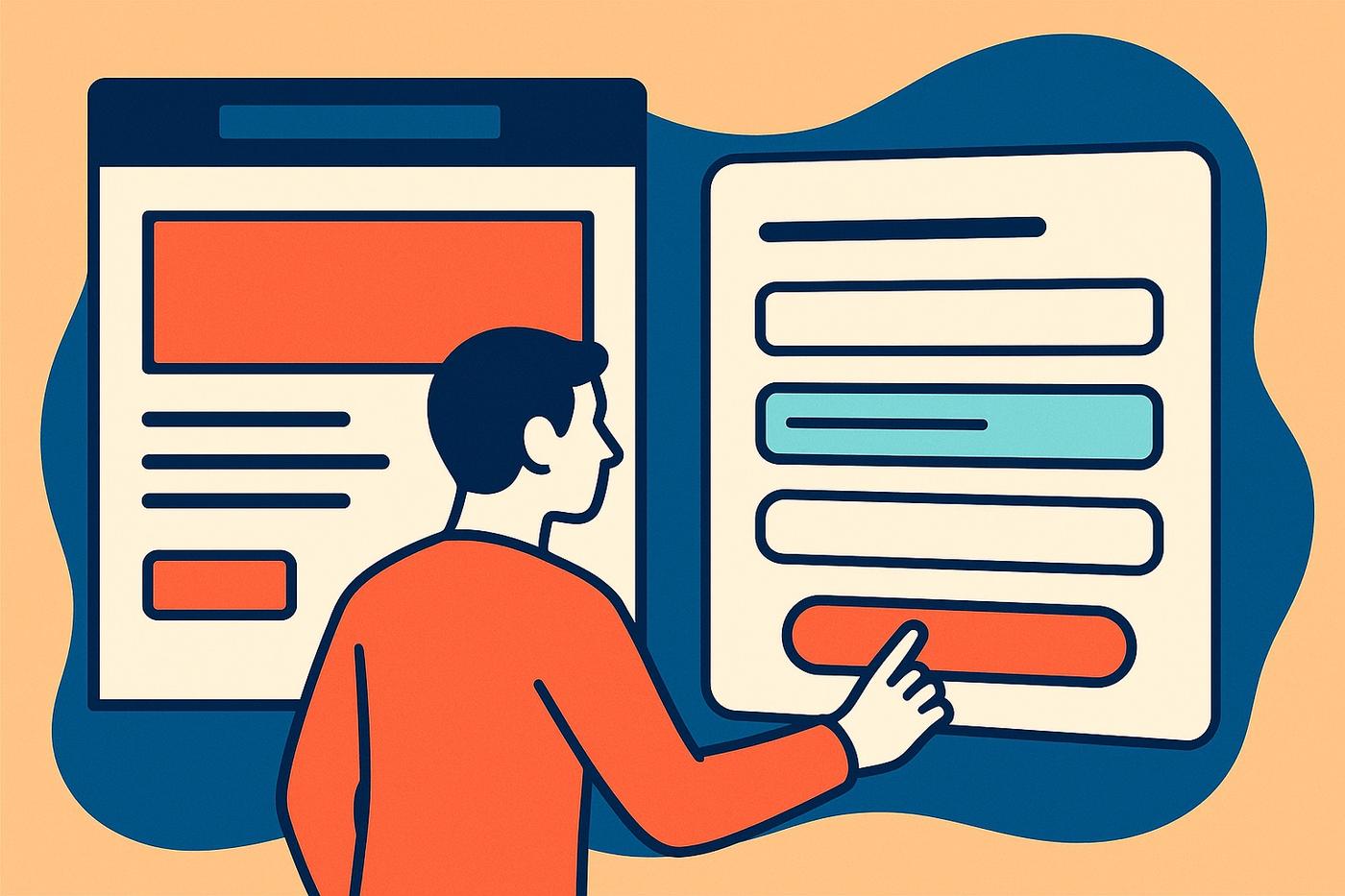 Illustration im Flat-Design: Eine Person klickt auf ein dynamisches Formular mit bunten Eingabefeldern, das sich erweitert, während daneben eine statische Website-Struktur wie ein starres Schaufenster steht; klare Linien, Kontraste in Blau, Orange und Beige betonen den Unterschied zwischen interaktiv und unbeweglich.