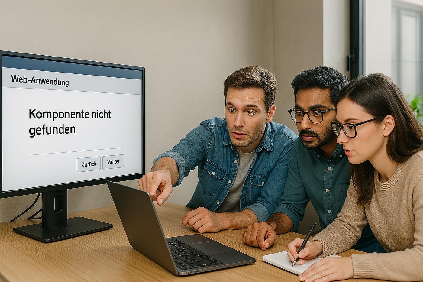 I generiertes Bild zeigt ein Entwicklerteam debuggt ein UI-Problem beim Upgrade einer Webanwendung von Vaadin 23 auf Vaadin 24.