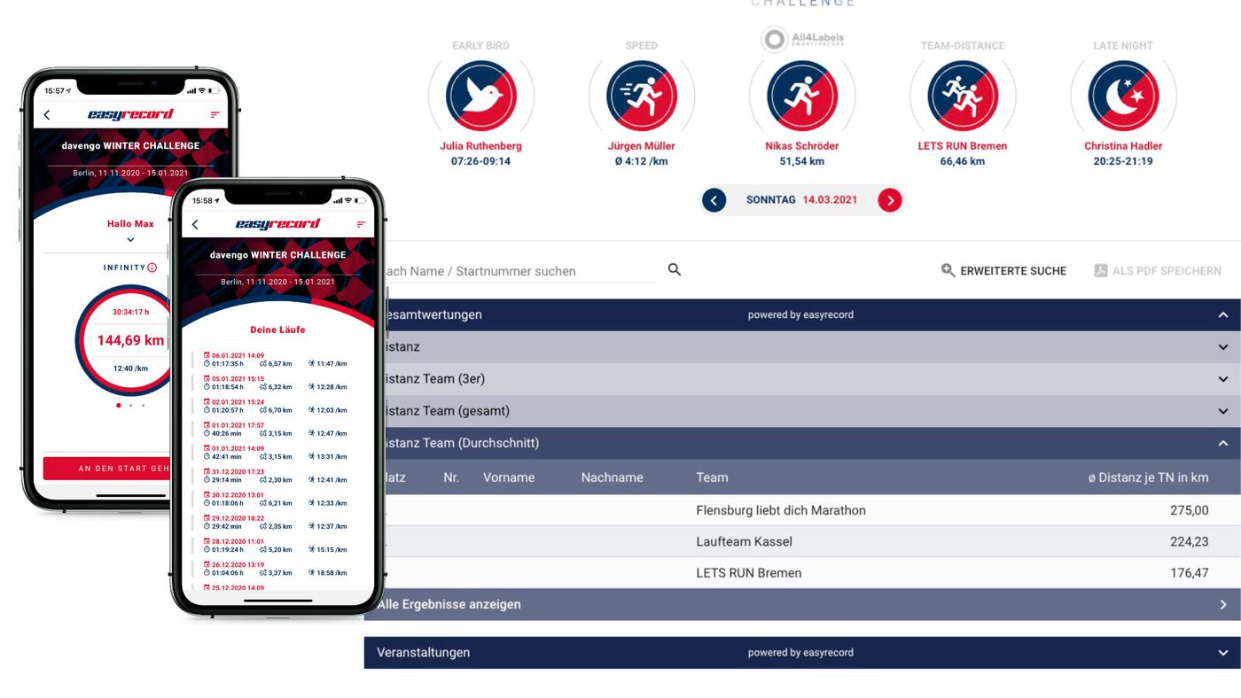 2 Handys mit der easyrecord App und ein Screenshot vom Ergebnisdienst