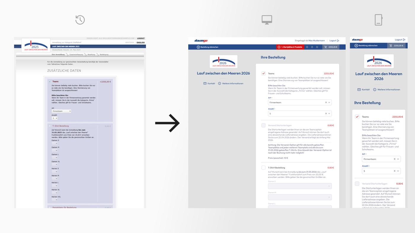 Vergleich der alten und neuen Firmenlaufanmeldung von davengo: Links die klassische Version, rechts die modernisierte Anmeldung 2026 in neuem, mobilfreundlichem Design mit optimierter Benutzerführung und responsiver Darstellung auf Desktop und Smartphone.
