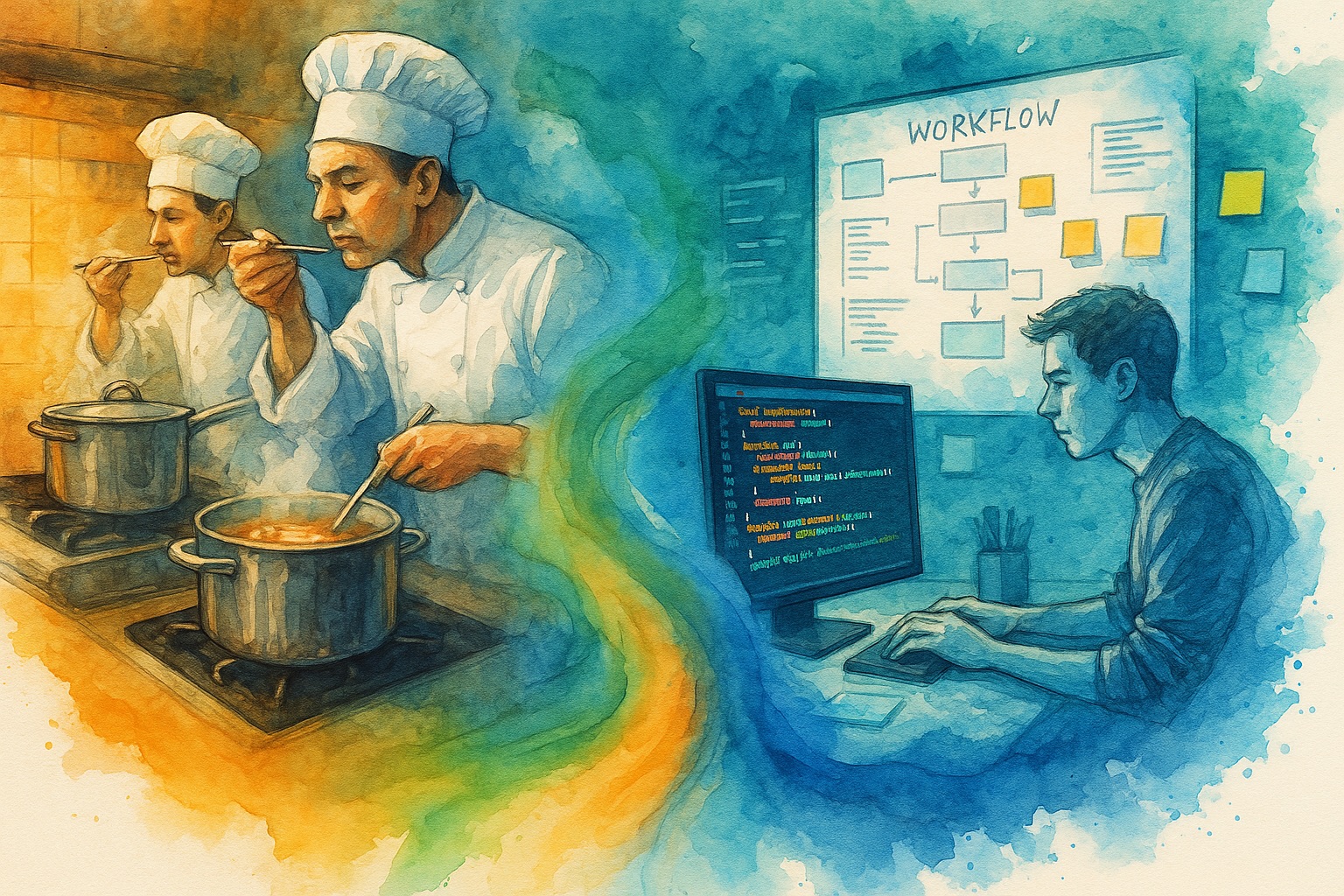 Aquarellillustration mit zwei Köchen, die Suppe probieren, und einem Programmierer am Computer vor einem Workflow-Diagramm, als Vergleich zwischen Kochen und Softwareentwicklung.