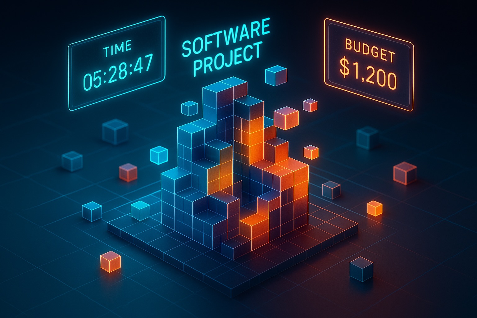 3D-Illustration eines Softwareprojekts aus leuchtenden Würfeln mit Anzeigen für verbleibende Zeit und Budget.