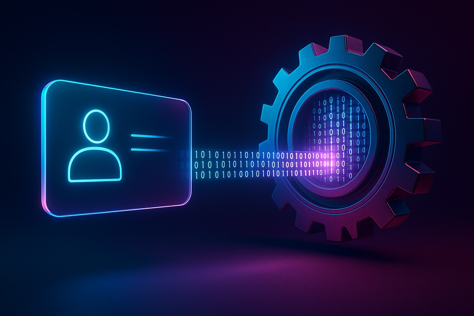 Ein futuristisches 3D-Rendering zeigt links eine leuchtende, gläserne Visitenkarte mit Symbol für eine digitale Identität, die über einen Strom aus Binärdaten mit einem großen Zahnrad auf der rechten Seite verbunden ist; das Zahnrad pulsiert mit blauen und magentafarbenen Neonlichtern und symbolisiert die Verarbeitung von Informationen in einem System.