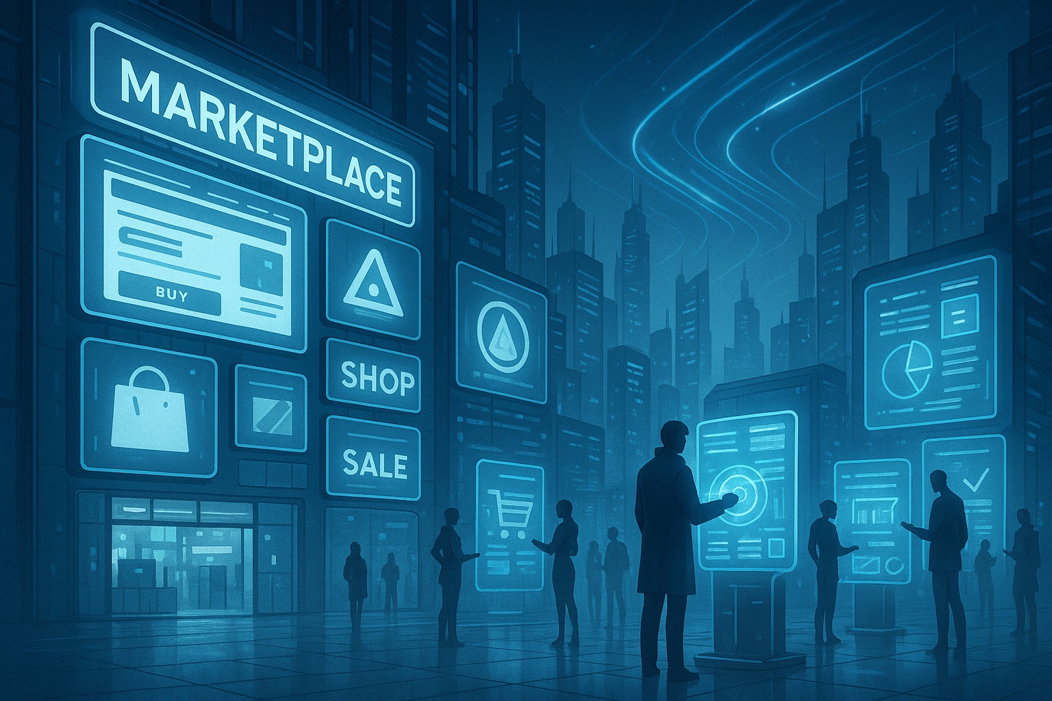Futuristische Illustration eines digitalen Marktplatzes in einer Skyline: Links große leuchtende Werbetafeln mit Symbolen wie „Shop“, „Sale“ und Einkaufswagen, rechts Menschen, die mit holografischen Terminals interagieren, darüber strömende Datenlinien am Himmel in kühlen Blau- und Silbertönen.