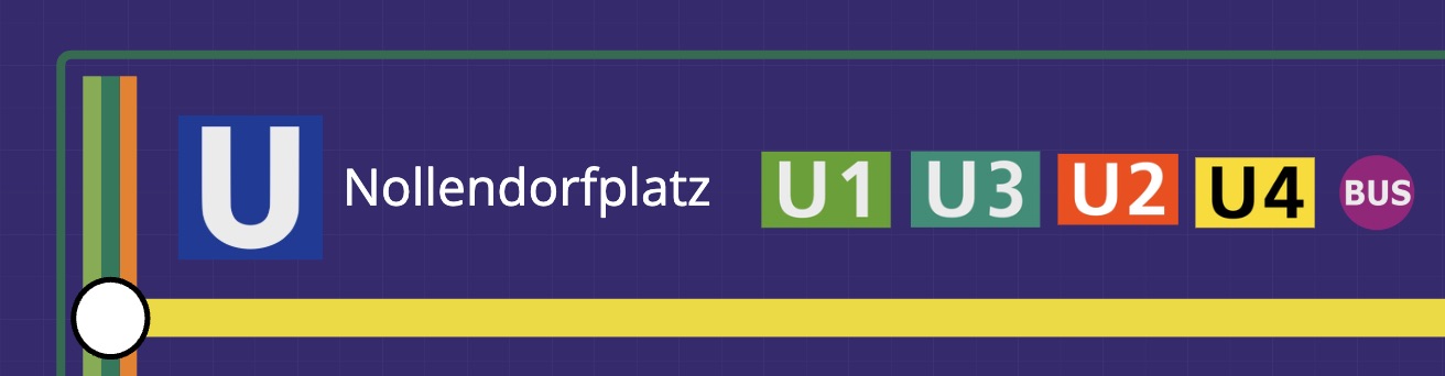 Stilisiertes U-Bahn-Stationsschild im Berliner Design mit lila Hintergrund. Text: ‚Nollendorfplatz' mit farbigen Liniensymbolen U1 (grün), U3 (grün), U2 (orange), U4 (gelb) und BUS (pink). Unten eine gelbe horizontale Linie mit einem weißen Punkt links.