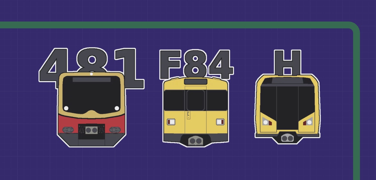 Illustration dreier Berliner U-Bahn-Fahrzeugtypen in Frontalansicht auf lila Hintergrund: Links Baureihe 481 (S-Bahn, rot-beige), Mitte F84 (U-Bahn, gelb), rechts H (U-Bahn, gelb-dunkel). Jede Baureihe ist mit ihrer Typbezeichnung beschriftet.