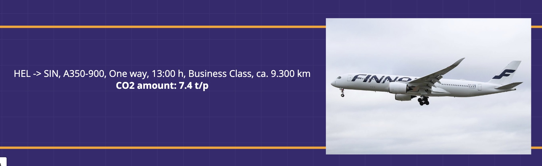 Präsentationsfolie auf lila Hintergrund mit Fluginformation: HEL → SIN, Airbus A350-900, One way, 13:00h, Business Class, ca. 9.300 km, CO2: 7,4 t/p. Rechts ein Foto einer Finnair A350 im Landeanflug.