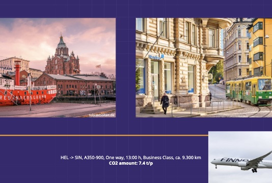 Präsentationsfolie auf lila Hintergrund mit zwei Fotos von Helsinki: links der Hafen mit der Uspenski-Kathedrale, rechts eine Straßenbahn und Altbaufassaden. Unten rechts Fluginformation: HEL → SIN, A350-900, 13:00h, Business Class, ca. 9.300 km, CO2: 7,4 t/p, mit kleinem Finnair-Flugzeugfoto.