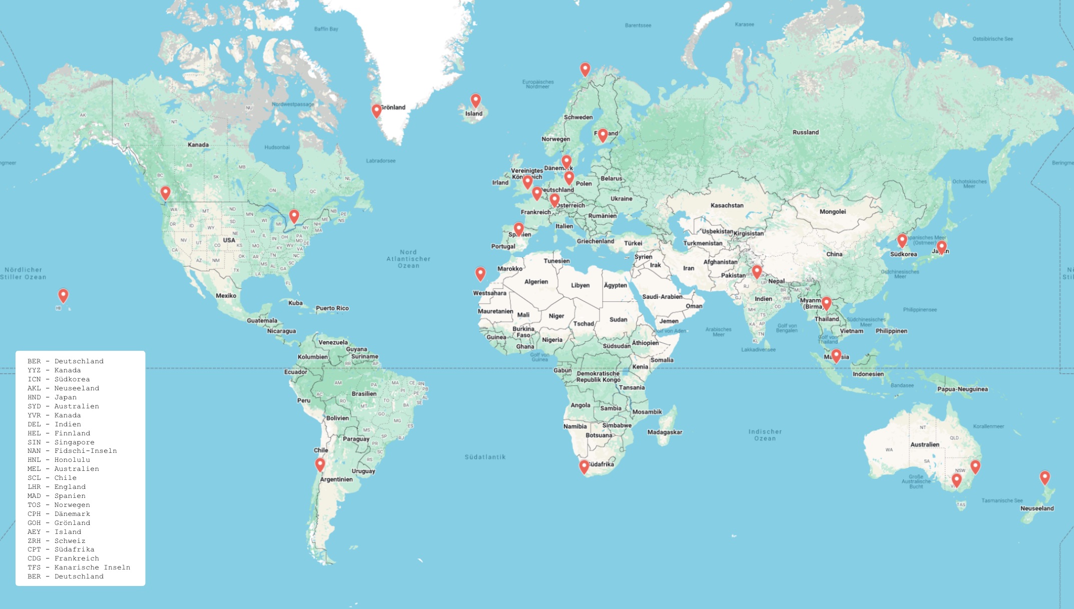 Weltkarte mit roten Markierungspins auf zahlreichen Standorten. Legende unten links listet alle Reiseziele mit IATA-Codes, darunter BER (Deutschland), YYZ (Kanada), ICN (Südkorea), AKL (Neuseeland), HND (Japan), SYD (Australien), YVR (Kanada), DEL (Indien), HEL (Finnland), SIN (Singapur), NAN (Fidschi), HNL (Honolulu), MEL (Australien), SCL (Chile), LHR (England), MAD (Spanien), TOS (Norwegen), CPH (Dänemark), GOH (Grönland), AEY (Island), ZRH (Schweiz), CPT (Südafrika), CDG (Frankreich), TFS (Kanarische Inseln).