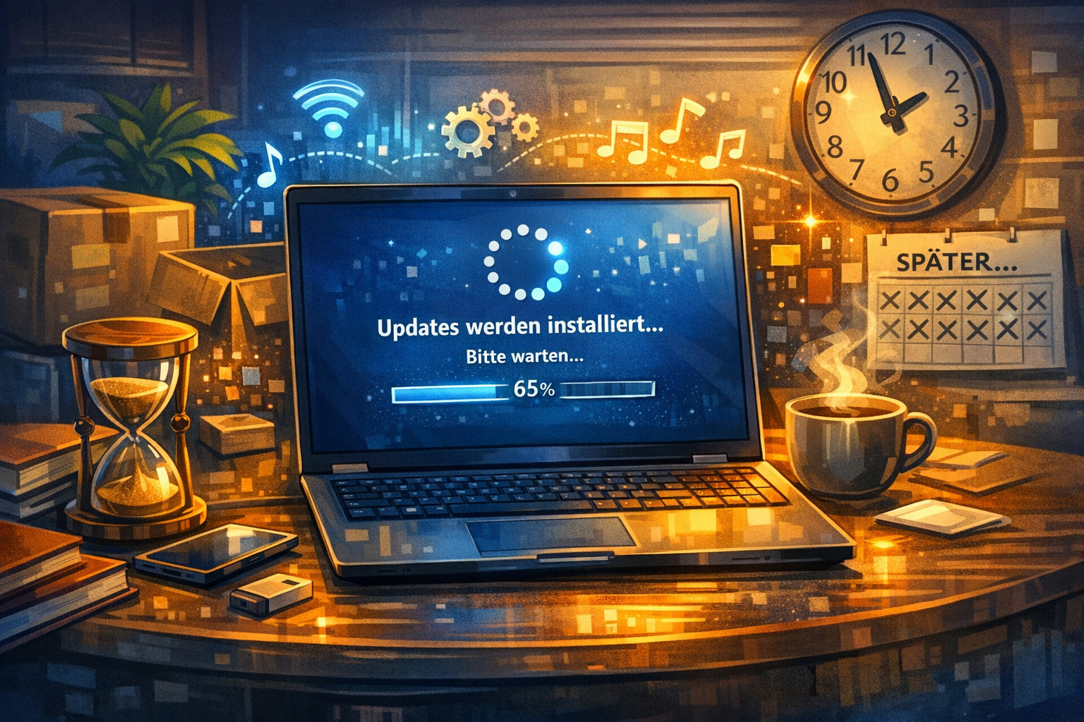Illustration eines Schreibtisches mit einem Laptop, der einen Windows-Update-Bildschirm mit dem Text ‚Updates werden installiert… Bitte warten… 65%‘ anzeigt. Auf dem Tisch stehen eine Tasse Kaffee, ein Smartphone, ein USB-Stick, Bücher und ein Stundenglas. Im Hintergrund hängen ein Kalender mit durchgestrichenen Tagen und ein Wand-Uhr, die etwa 10:10 Uhr zeigt. Um den Laptop schweben Symbole wie WLAN-Icon, Musiknoten und Zahnräder.