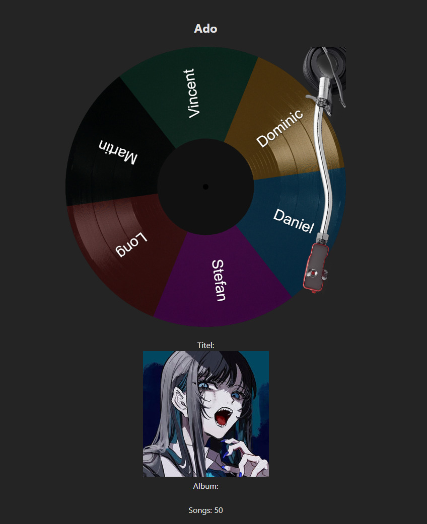 Digitales Interface eines Musik-Zufallsgenerators namens 'Music Wheel' mit sechs farbigen Segmenten, die jeweils einen Namen tragen: Ado, Long, Martin, Dominic, Daniel und Stefan. Ein stilisierter Plattenspieler-Arm zeigt auf das Segment ‚Dominic‘. Darunter werden Song- und Albumdetails angezeigt: ‚Stay Gold (from BEYBLADE X / Jax Jones Y2J! Remix)‘. Das Albumcover zeigt stilisierte Charaktere vor einem leuchtenden X-Symbol.“