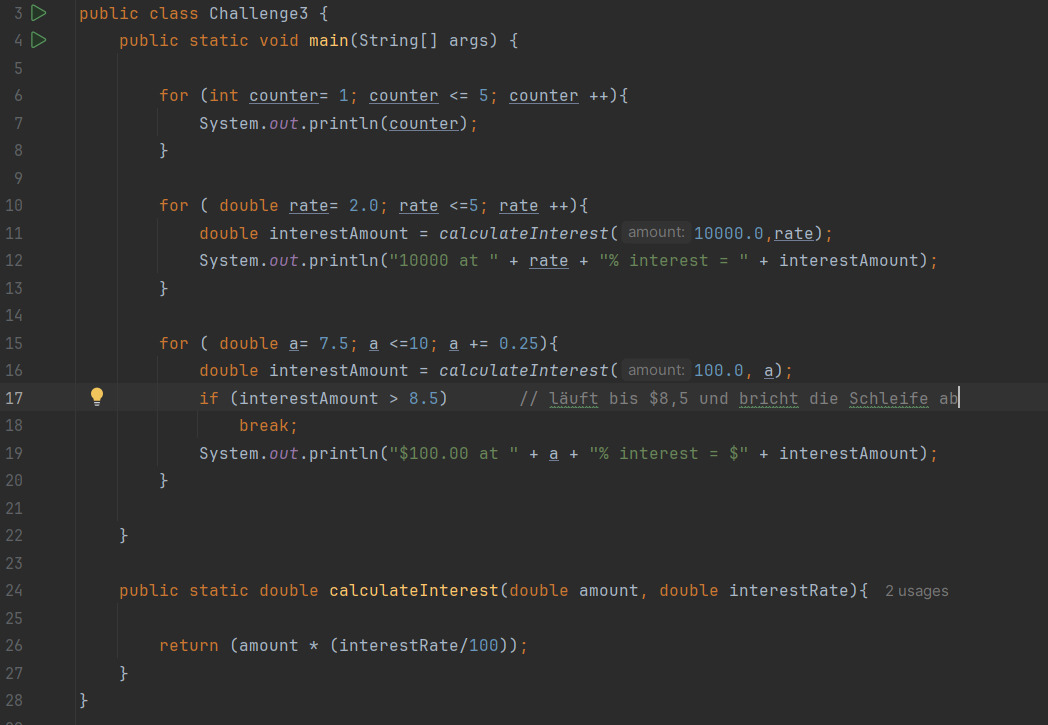 Screenshot eines Java-Programms in einer IDE. Die Klasse Challenge3 enthält zwei überladene Methoden convertToCentimeters: eine nimmt nur Inches entgegen, die andere Feet und Inches. Im main-Block werden Beispielaufrufe ausgeführt, die 5 ft 8 in sowie 68 in in Zentimeter umrechnen. Der Code demonstriert method overloading und die Umrechnung imperialer Maße in das metrische System.