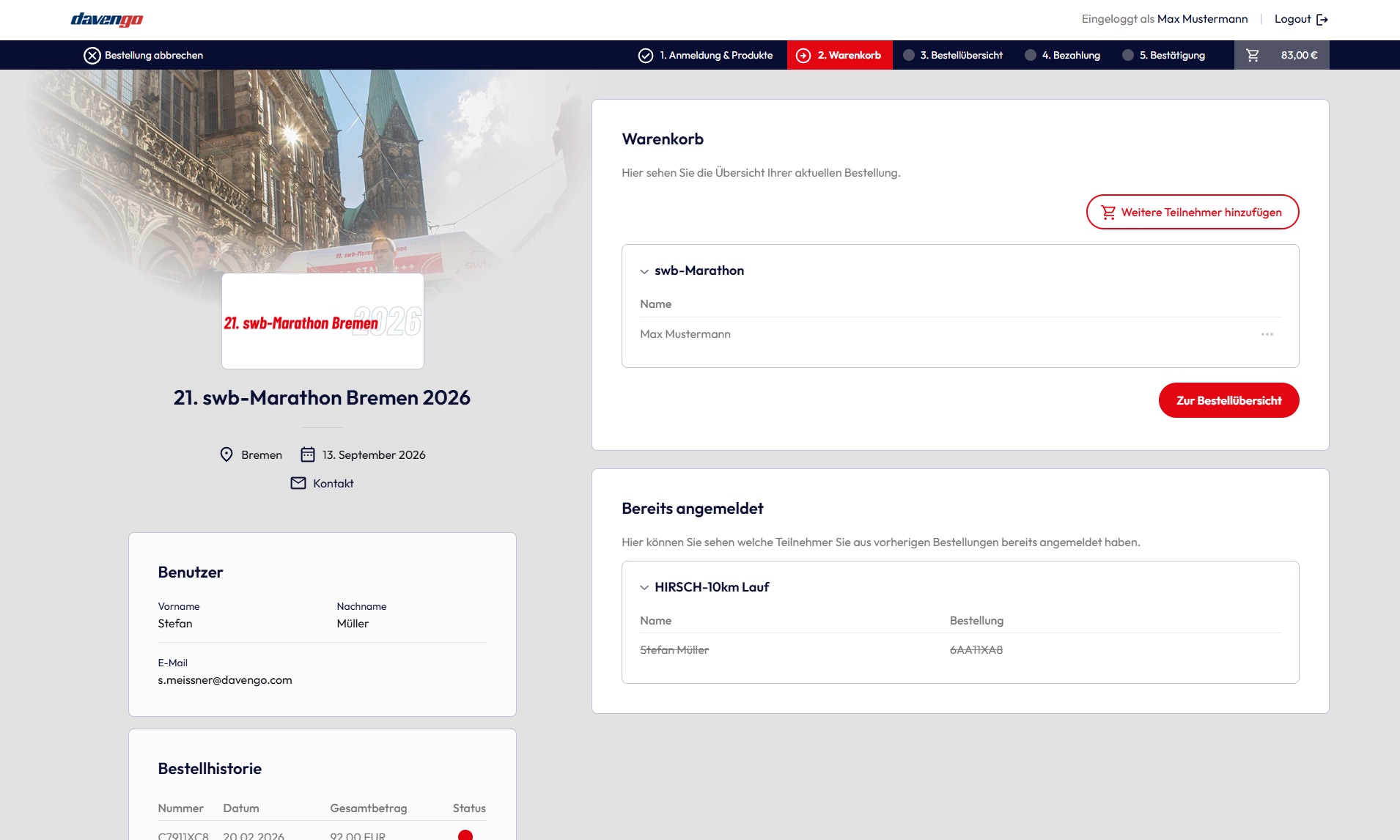 User Hub 2026: Profil, Bestellhistorie und bereits angemeldete Teilnehmer, stets im Kontext der Veranstaltung