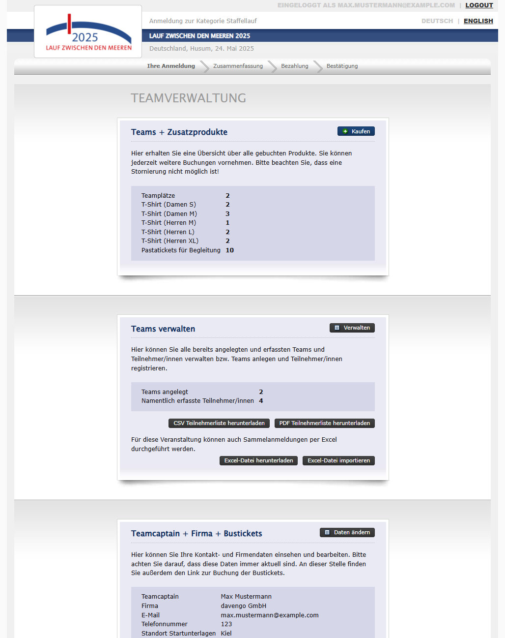 Teamcaptain Übersicht aus 2025